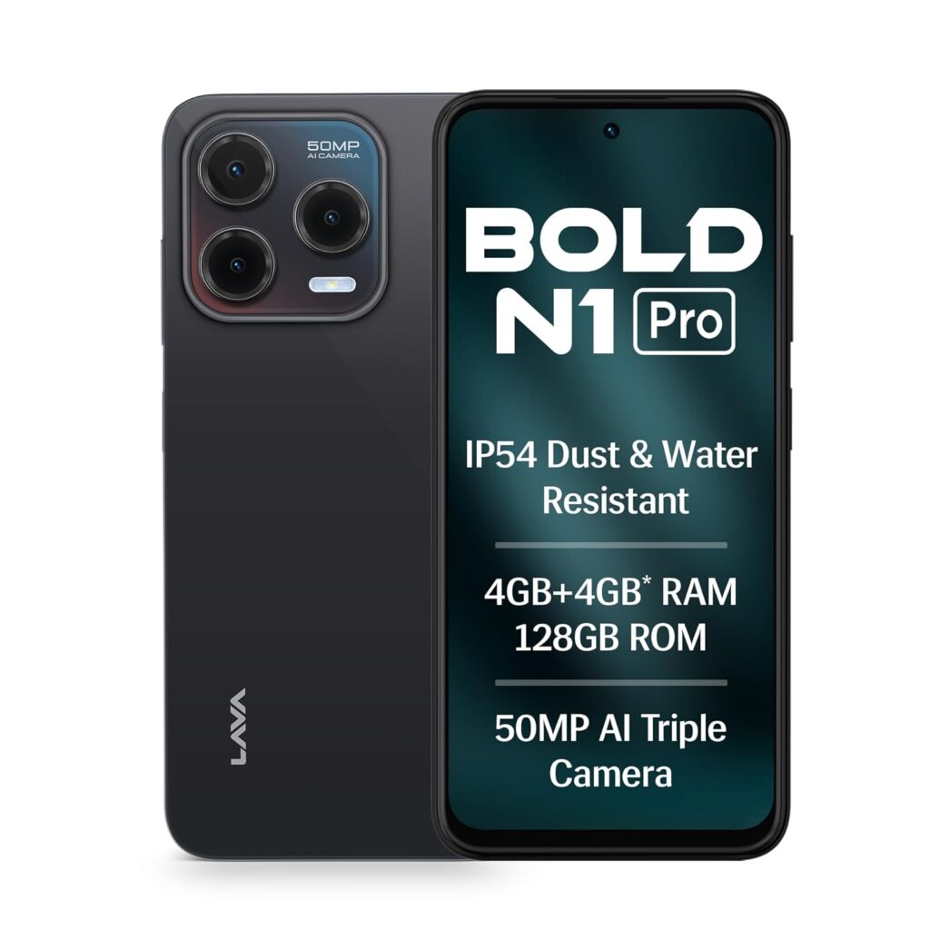 Lava Bold N1 Pro in Titanium Gold and Stealth Black colours featuring a 120Hz display and 50MP triple camera, a premium budget smartphone for the Indian market.